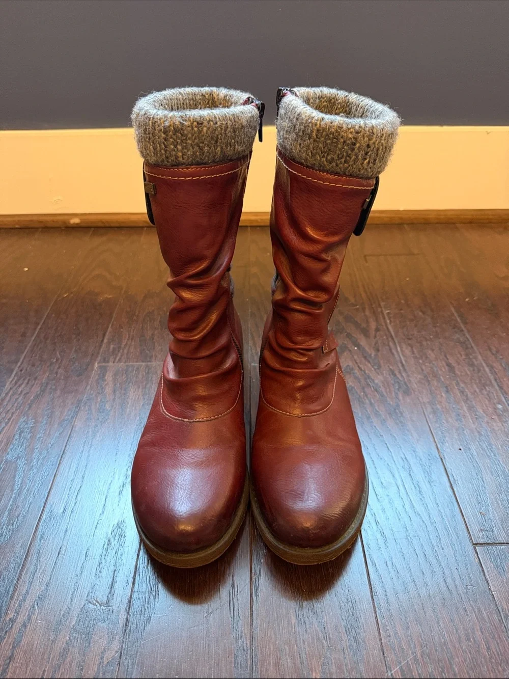 Remonte Red Leather Mid-Calf Boot with Gray Knit Cuff